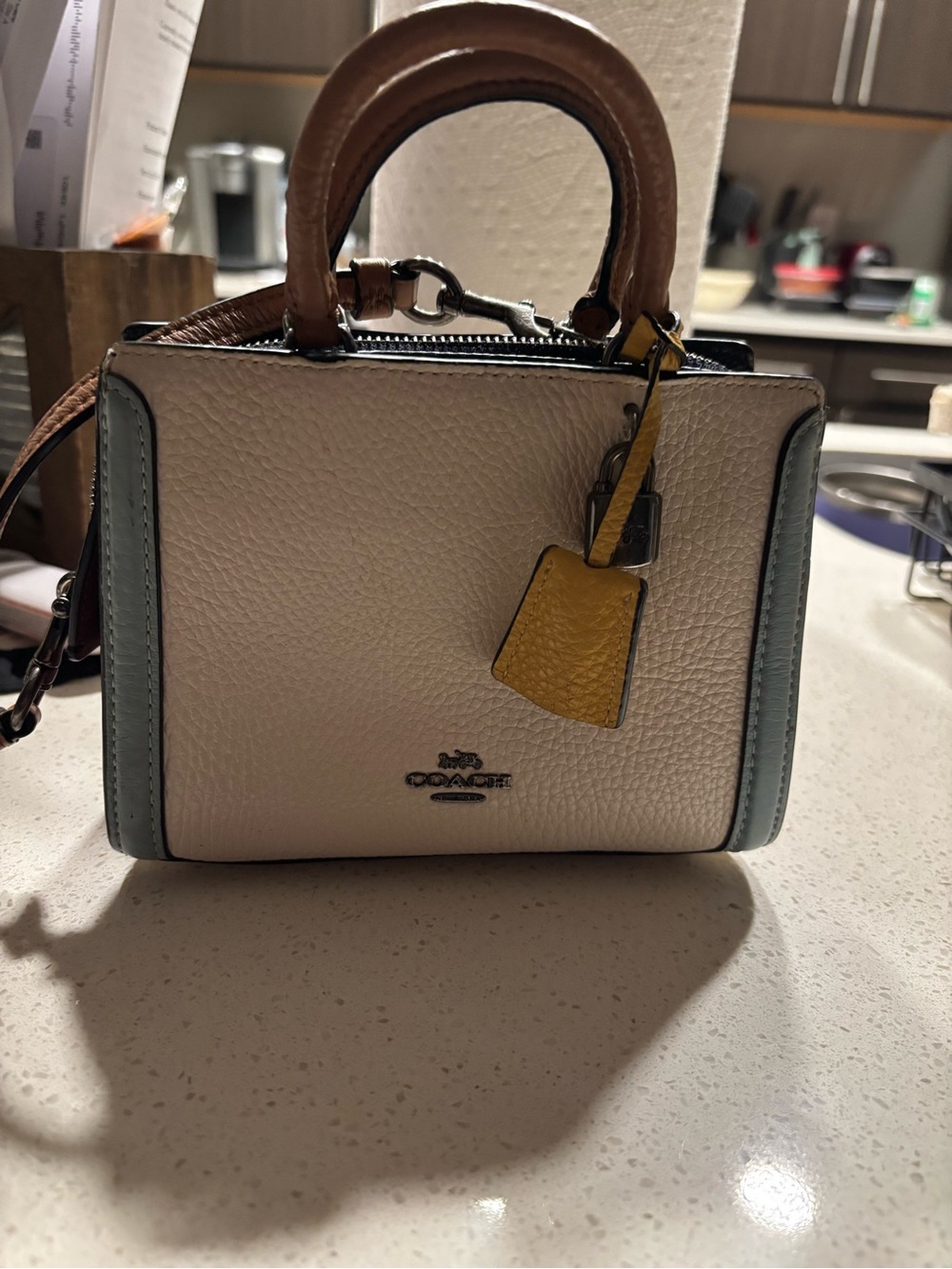 Coach Mini Satchel in Cream with Tan Handles and Yellow Tag